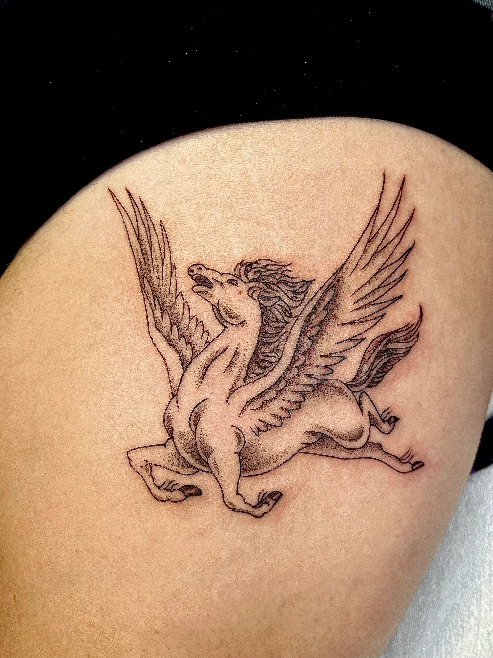 Fine-line pegasus tattoo on thigh