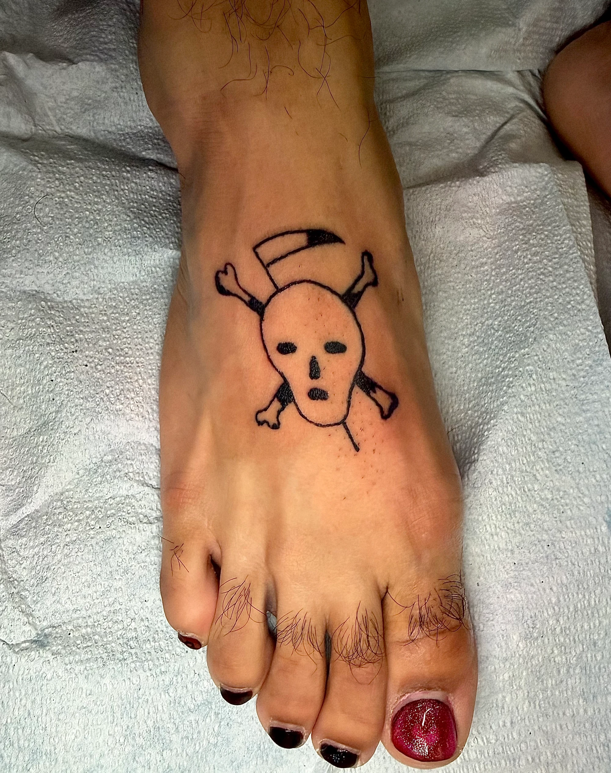 Bold skull and crossbones on foot